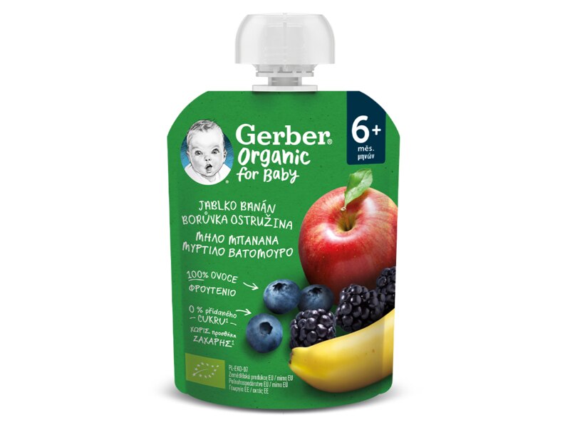 Gerber Kapsička jablko banán borůvka a ostružina BIO 6+ měsíců 90 g Gerber Kapsička jablko banán borůvka a ostružina BIO 6+ měsíců 90 g