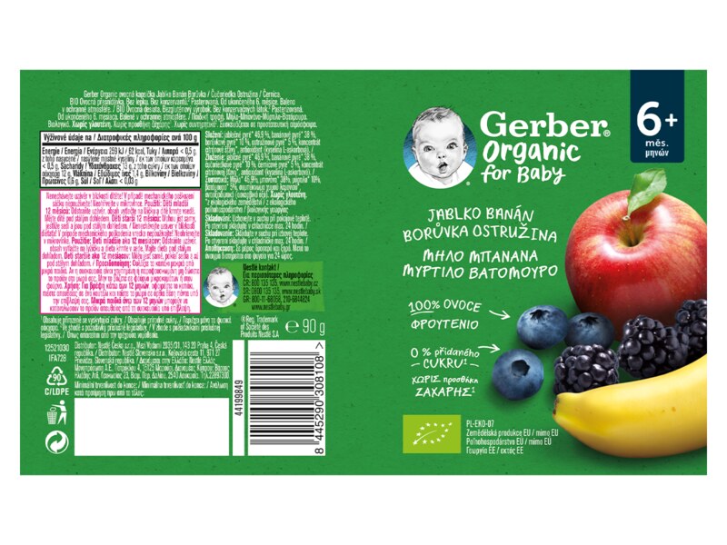 Gerber Kapsička jablko banán borůvka a ostružina BIO 6+ měsíců 90 g Gerber Kapsička jablko banán borůvka a ostružina BIO 6+ měsíců 90 g