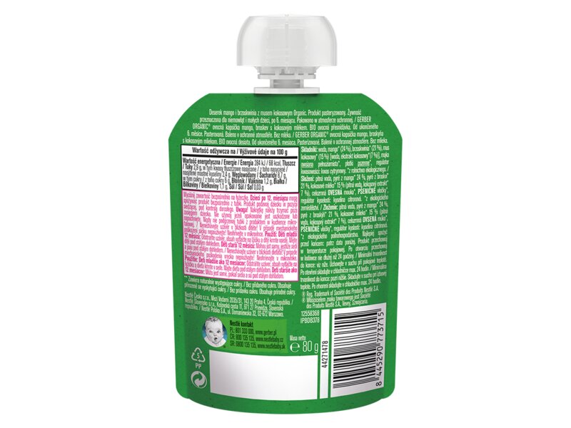 Gerber Kapsička mango a broskev s kokosovým mlékem BIO 6+ měsíců 80 g Gerber Kapsička mango a broskev s kokosovým mlékem BIO 6+ měsíců 80 g