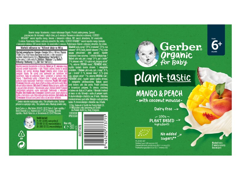 Gerber Kapsička mango a broskev s kokosovým mlékem BIO 6+ měsíců 80 g Gerber Kapsička mango a broskev s kokosovým mlékem BIO 6+ měsíců 80 g