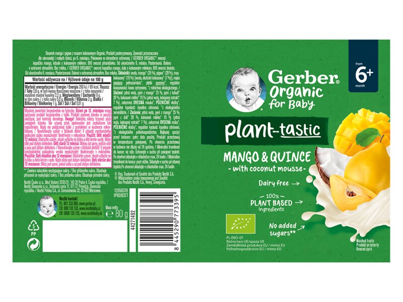 Gerber Kapsička mango a kdoule s kokosovým mlékem BIO 6+ měsíců 80 g Gerber Kapsička mango a kdoule s kokosovým mlékem BIO 6+ měsíců 80 g
