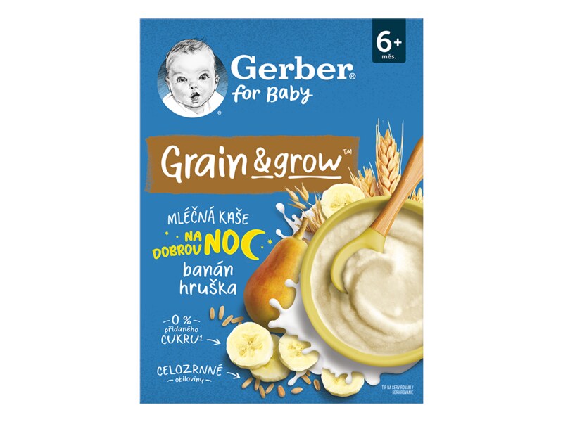 Gerber Mléčná kaše pšenično-ovesná na dobrou noc banán a hruška 6+ měsíců 200 g 