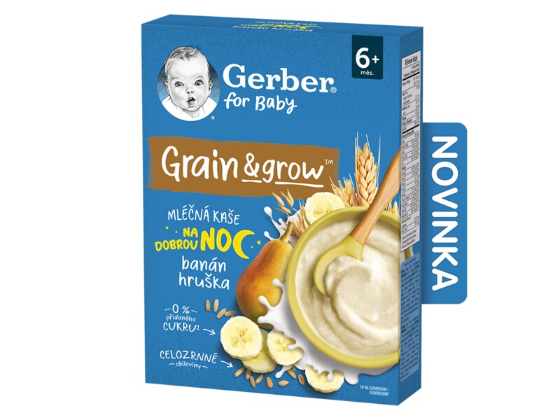 Gerber Mléčná kaše pšenično-ovesná na dobrou noc banán a hruška 6+ měsíců 200 g 