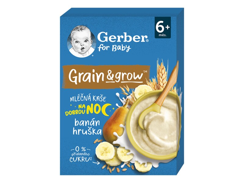 Gerber Mléčná kaše pšenično-ovesná na dobrou noc banán a hruška 6+ měsíců 200 g 