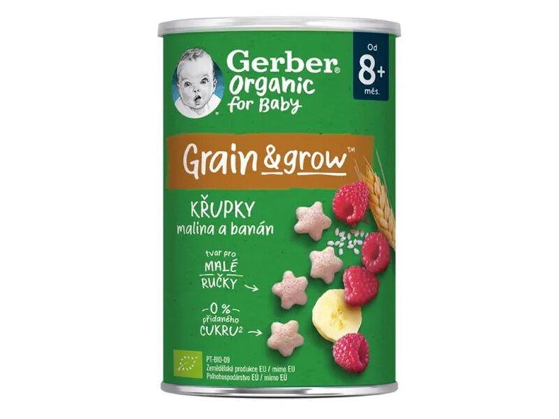 Gerber Rýžovo-pšeničné křupky s malinami a banánem BIO 8+ měsíců 35 g 
