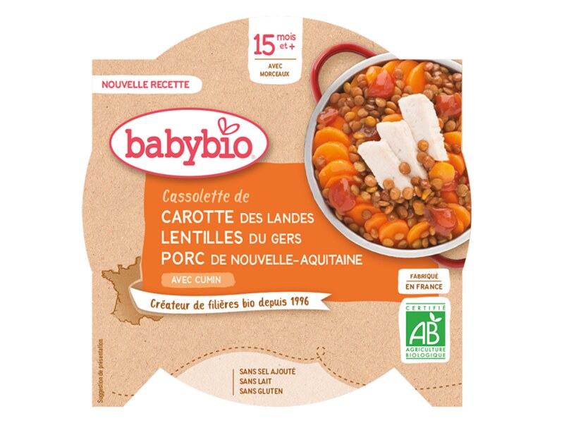 Babybio Mrkev, vepřové maso, čočka, brambory, pastinák 15m+ 260 g Babybio Mrkev, vepřové maso, čočka, brambory, pastinák 15m+ 260 g