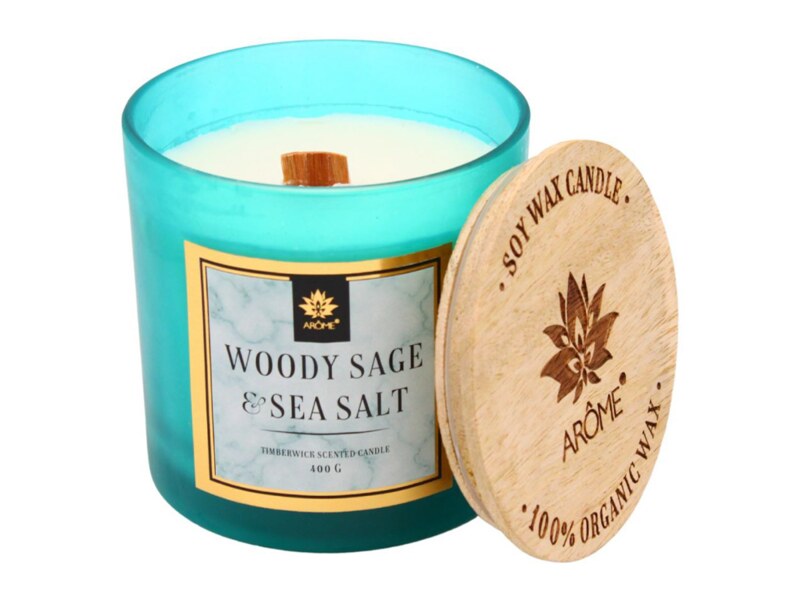 Arome Svíčka s dřevěným knotem a víčkem Woody Sage and Salt 400 g  