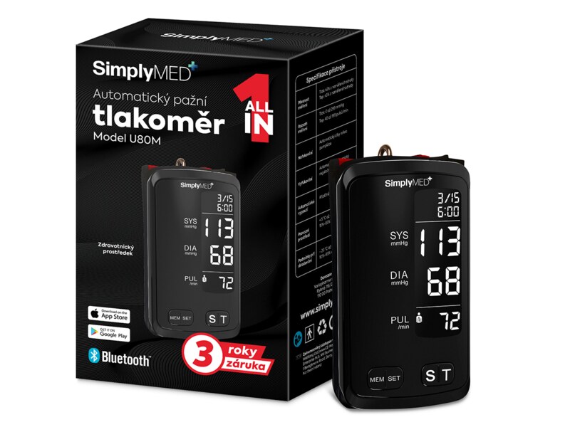SimplyMed Automatický pažní tlakoměr U80M s bluetooth 1 kus
