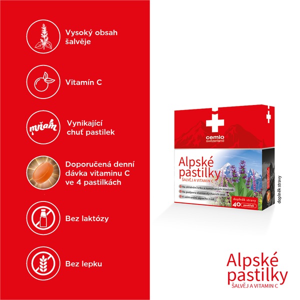 Cemio Alpské pastilky Šalvěj a vitamin C 40 pastilek