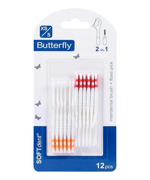 Softdent Butterfly mezizubní kartáček + párátko XS/S 12 ks