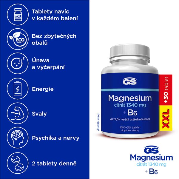 GS Magnesium citrát 1340 mg+B6 XXL 100+30 tablet GS Magnesium citrát 1340 mg+B6 XXL 100+30 tablet