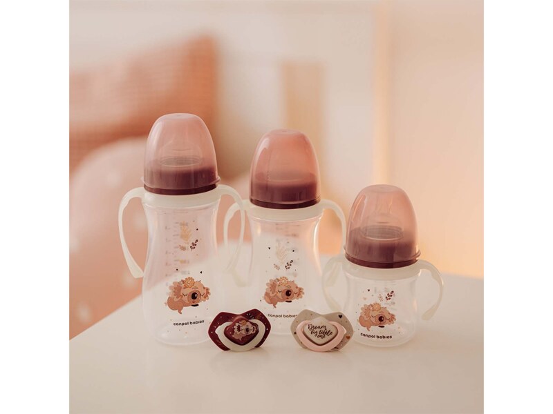 Canpol babies Lahev širokohrdlá antikoliková se svítícími úchyty Sleepy koala 240 ml růžová