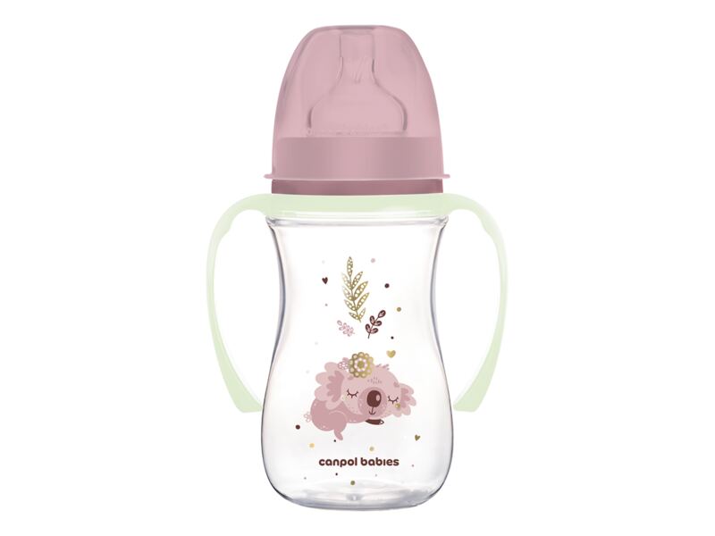 Canpol babies Lahev širokohrdlá antikoliková se svítícími úchyty Sleepy koala 240 ml růžová