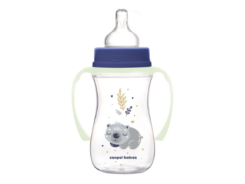 Canpol babies Lahev širokohrdlá antikoliková se svítícími úchyty Sleepy koala 240 ml modrá