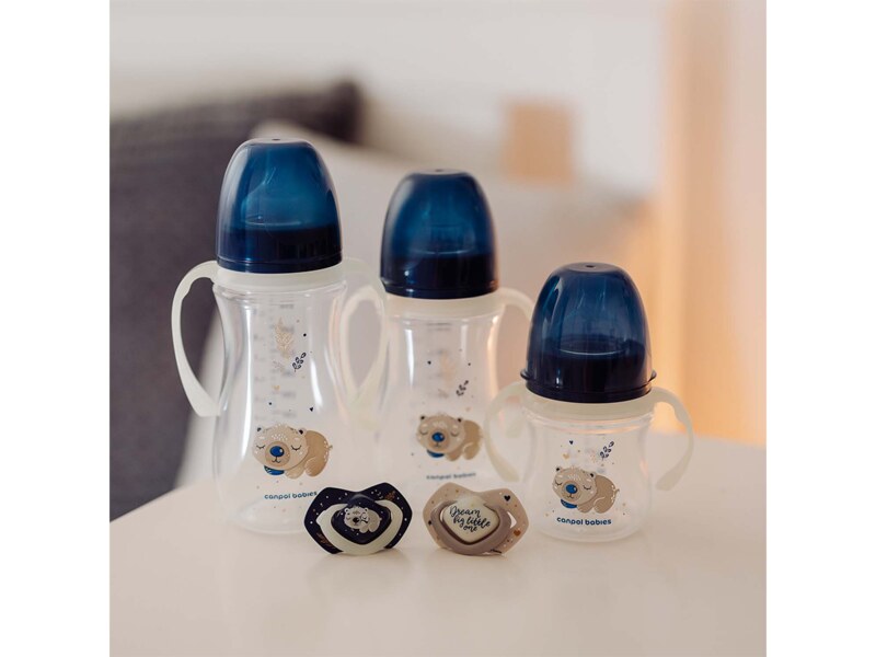 Canpol babies Lahev širokohrdlá antikoliková se svítícími úchyty Sleepy koala 240 ml modrá