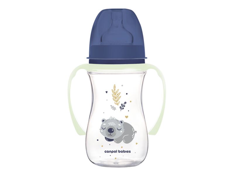 Canpol babies Lahev širokohrdlá antikoliková se svítícími úchyty Sleepy koala 240 ml modrá