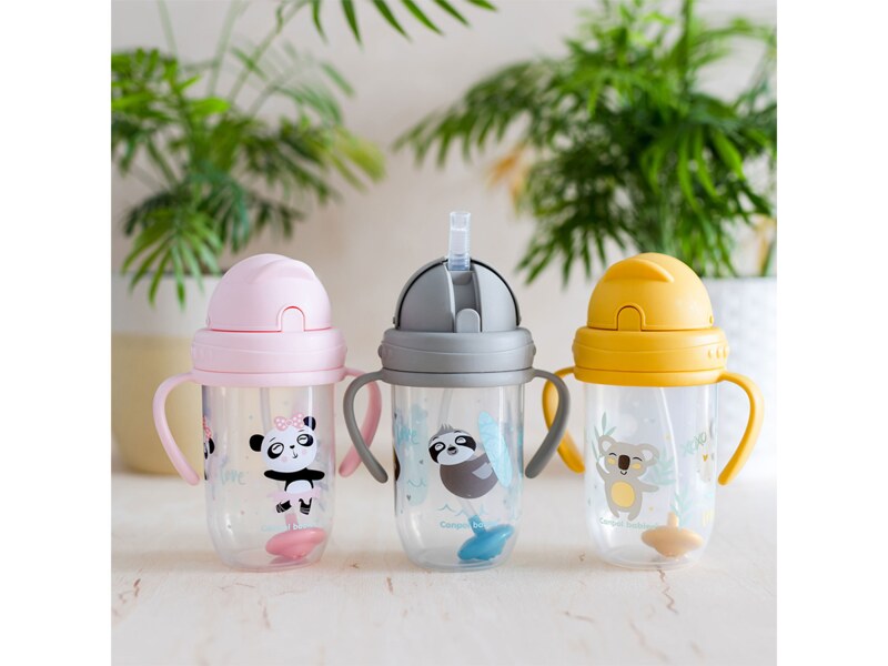 Canpol babies Hrneček nevylévací se slámkou a závažím Exotic Animals 270 ml žlutý