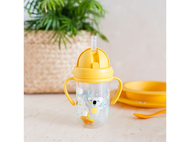 Canpol babies Hrneček nevylévací se slámkou a závažím Exotic Animals 270 ml žlutý