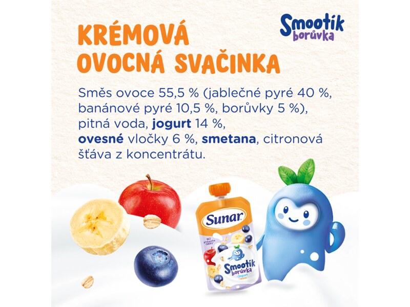 Sunar Smootík dětská kapsička borůvka, jogurt, ovesné vločky 12m+, 120 g Sunar Smootík dětská kapsička borůvka, jogurt, ovesné vločky 12m+, 120 g