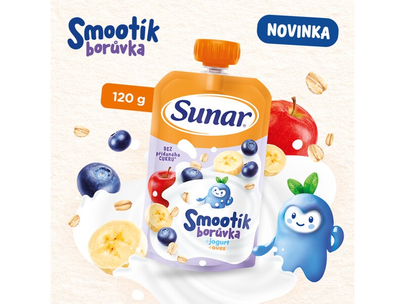 Sunar Smootík dětská kapsička borůvka, jogurt, ovesné vločky 12m+, 120 g Sunar Smootík dětská kapsička borůvka, jogurt, ovesné vločky 12m+, 120 g