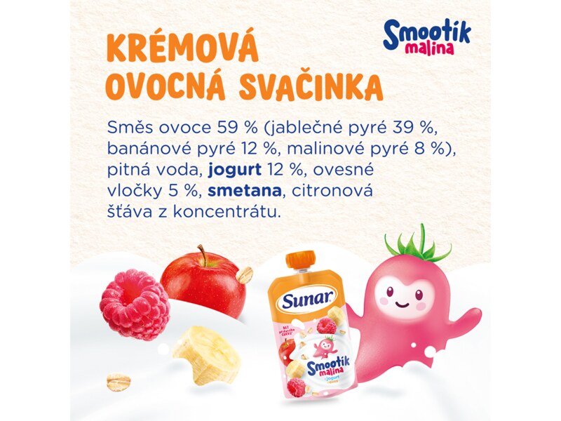 Sunar Smootík dětská kapsička malina, jogurt, ovesné vločky 12m+, 120 g
