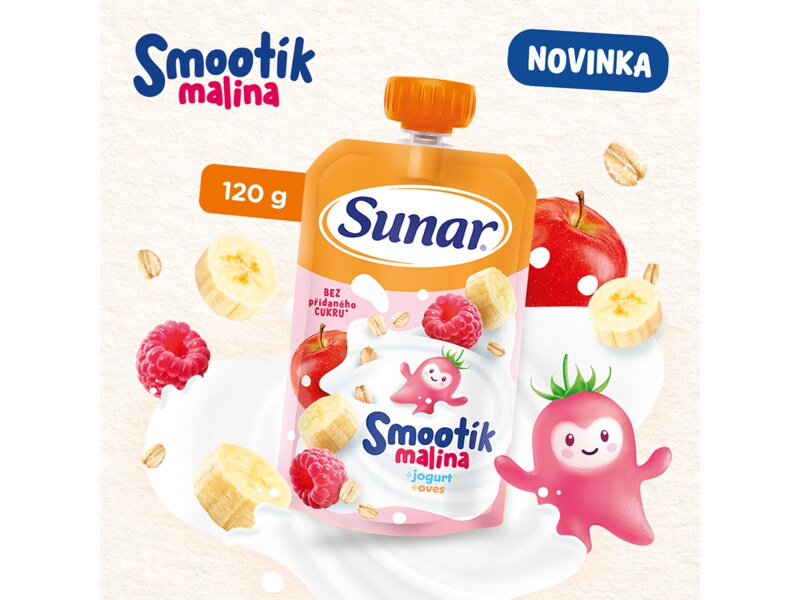 Sunar Smootík dětská kapsička malina, jogurt, ovesné vločky 12m+, 120 g Sunar Smootík dětská kapsička malina, jogurt, ovesné vločky 12m+, 120 g