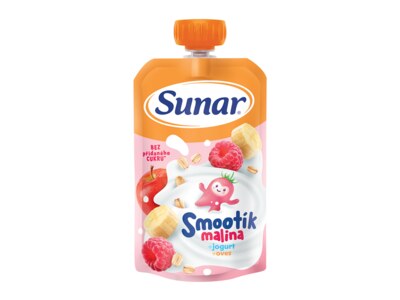 Sunar Smootík dětská kapsička malina, jogurt, ovesné vločky 12m+, 120 g Sunar Smootík dětská kapsička malina, jogurt, ovesné vločky 12m+, 120 g