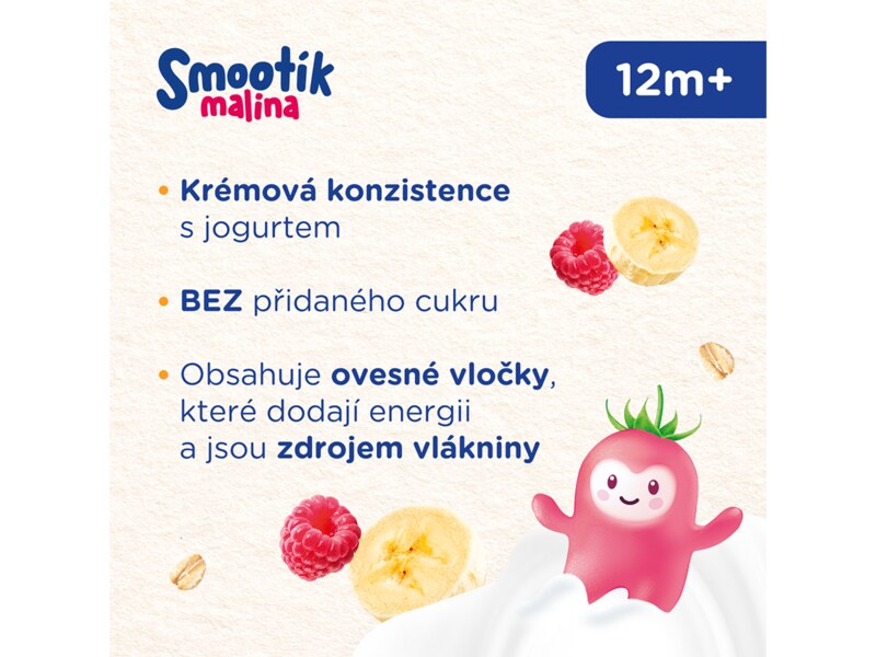 Sunar Smootík dětská kapsička malina, jogurt, ovesné vločky 12m+, 120 g