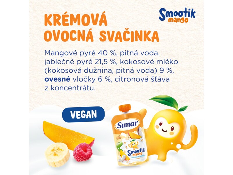 Sunar Smootík dětská kapsička mango, kokosové mléko, ovesné vločky 12m+, 120 g