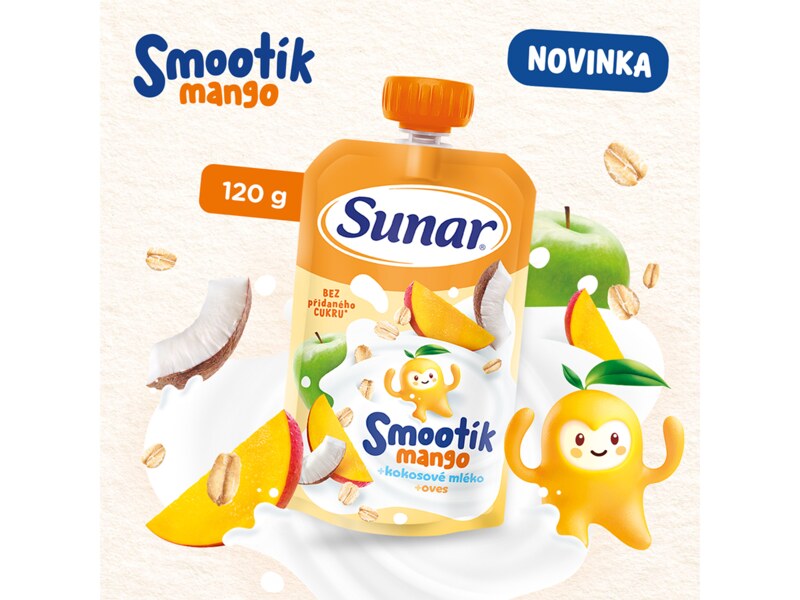 Sunar Smootík dětská kapsička mango, kokosové mléko, ovesné vločky 12m+, 120 g