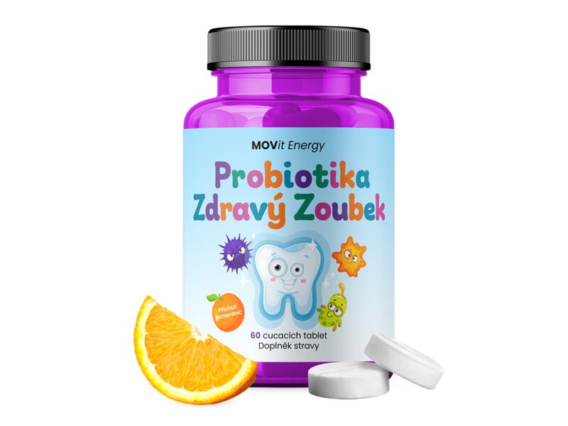 MOVit Probiotika pro děti Zdravý zoubek pomeranč 60 cucavých pastilek