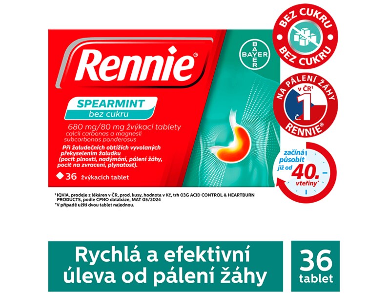 Rennie Spearmint bez cukru 36 žvýkacích tablet
