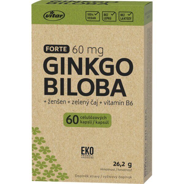 Vitar Ginkgo biloba Forte 60mg+ženšen+zelený čaj+vitamín B6 EKO 60 kapslí