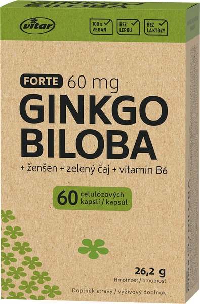 Vitar Ginkgo biloba Forte 60mg+ženšen+zelený čaj+vitamín B6 EKO 60 kapslí Vitar Ginkgo biloba Forte 60mg+ženšen+zelený čaj+vitamín B6 EKO 60 kapslí