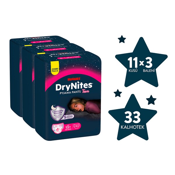 DryNites Natahovací kalhotky na noc pro dívky JUMBO box 13+ let / 48-60 kg / 3x11 ks DryNites Natahovací kalhotky na noc pro dívky JUMBO box 13+ let / 48-60 kg / 3x11 ks