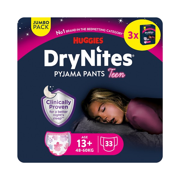 DryNites Natahovací kalhotky na noc pro dívky JUMBO box 13+ let / 48-60 kg / 3x11 ks DryNites Natahovací kalhotky na noc pro dívky JUMBO box 13+ let / 48-60 kg / 3x11 ks