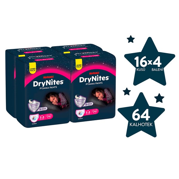 DryNites Natahovací kalhotky na noc pro dívky JUMBO box 3-4 roky / 12-21 kg /  4x16 ks