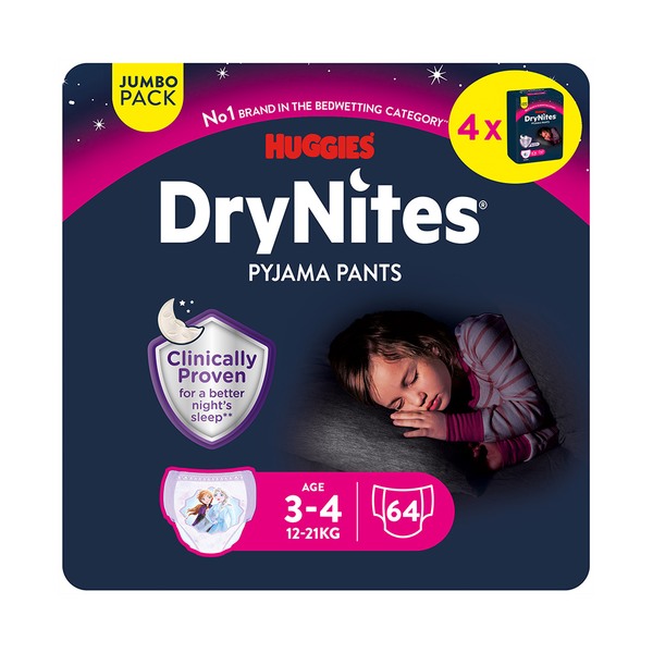 DryNites Natahovací kalhotky na noc pro dívky JUMBO box 3-4 roky / 12-21 kg /  4x16 ks