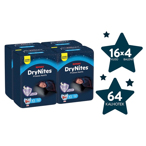 DryNites Natahovací kalhotky na noc pro chlapce JUMBO box 4-7let / 17-30 kg / 4x16 ks