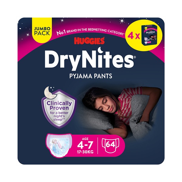 DryNites Natahovací kalhotky na noc pro dívky JUMBO box 4-7let / 17-30 kg/  4x16 ks