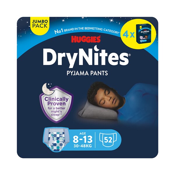 DryNites Natahovací kalhotky na noc pro chlapce JUMBO box 8-13 let / 30-48 kg / 4x13 ks