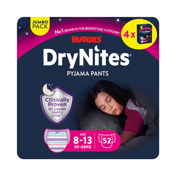 DryNites Natahovací kalhotky na noc pro dívky JUMBO box 8-13 let / 30-48 kg / 4x13 ks DryNites Natahovací kalhotky na noc pro dívky JUMBO box 8-13 let / 30-48 kg / 4x13 ks