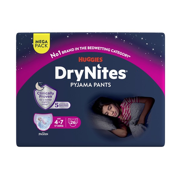 DryNites Natahovací kalhotky na noc pro dívky MEGA pack 4-7 let / 17-30 kg / 26 ks DryNites Natahovací kalhotky na noc pro dívky MEGA pack 4-7 let / 17-30 kg / 26 ks