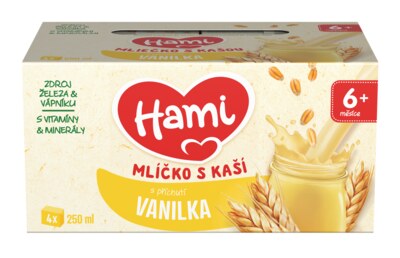Hami Mlíčko s kaší s příchutí vanilky 6m+ 4x250 ml Hami Mlíčko s kaší s příchutí vanilky 6m+ 4x250 ml