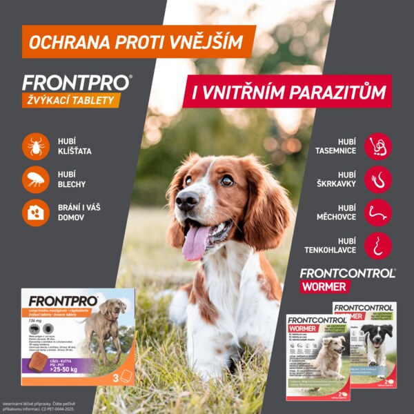 Frontpro žvýkací tablety pro psy (25-50 kg) 136 mg 3 tablety + Frontcontrol Wormer pro psy XL 35 kg 2 tablety