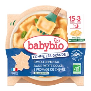 BABYBIO celé ravioli s ementálem, pyré ze sladkých brambor a francouzský kozí sýr 190 g BABYBIO celé ravioli s ementálem, pyré ze sladkých brambor a francouzský kozí sýr 190 g