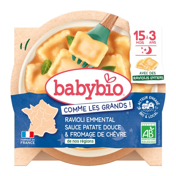 Babybio celé ravioli s ementálem, pyré ze sladkých brambor a francouzský kozí sýr 190 g