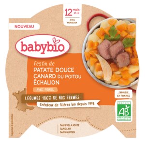 BABYBIO sladké brambory s kachním masem z volného chovu, šalotkou Echalion a špetkou rozmarýnu 230 g