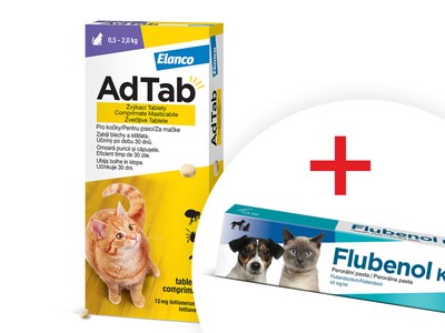 AdTab Žvýkací tablety proti blechám a klíšťatům kočky 12 mg (0,5-2 kg) 1 ks + Flubenol KH 44 mg/ml perorální pasta 7,5 ml