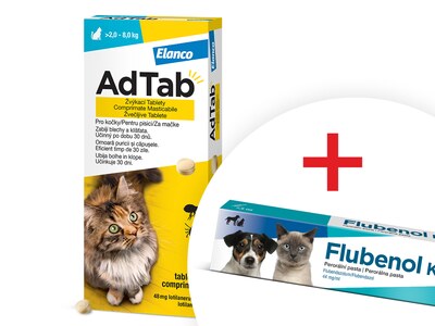 AdTab Žvýkací tablety proti blechám a klíšťatům kočky 48 mg (2-8 kg) 1 ks + Flubenol KH 44 mg/ml perorální pasta 7,5 ml